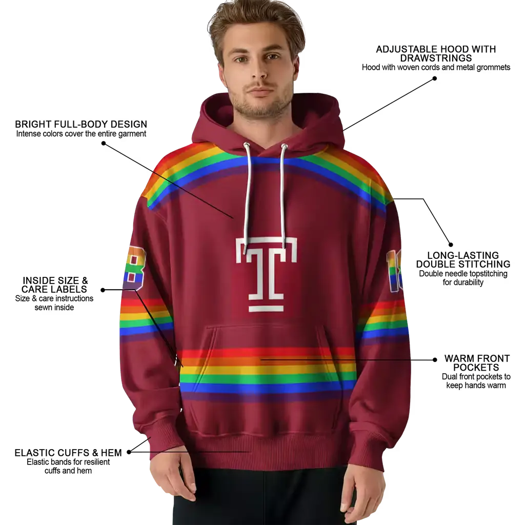 custom temple owls rainbow stripes red hoodie latest model custom temple owls rainbow stripes red hoodie latest model