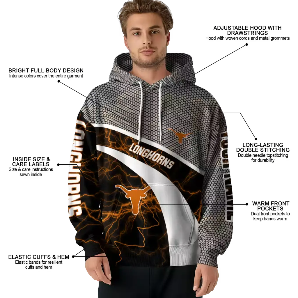 custom texas longhorns hexagonal mesh orange black gray hoodie latest model custom texas longhorns hexagonal mesh orange black gray hoodie latest model