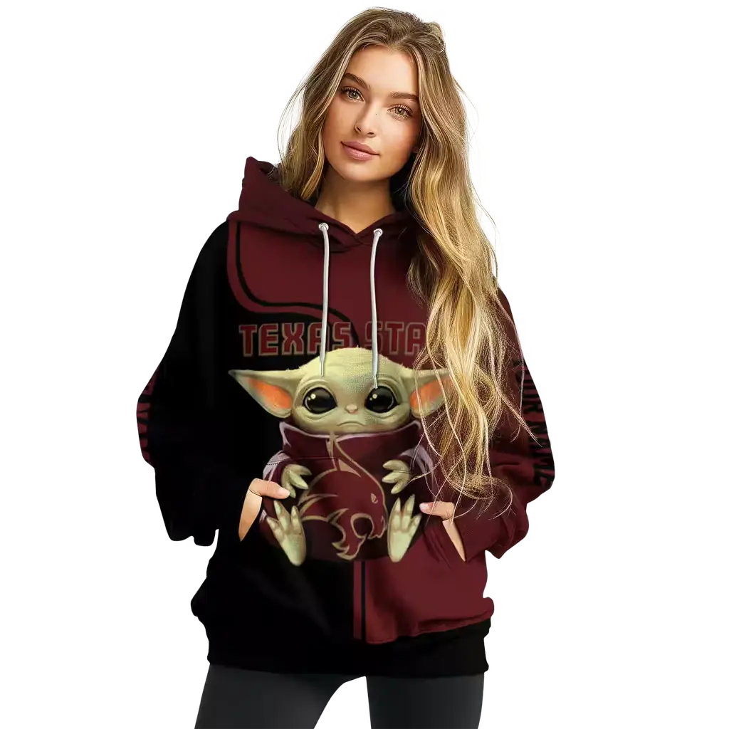 custom texas state bobcats baby yoda maroon black hoodie high quality custom texas state bobcats baby yoda maroon black hoodie high quality
