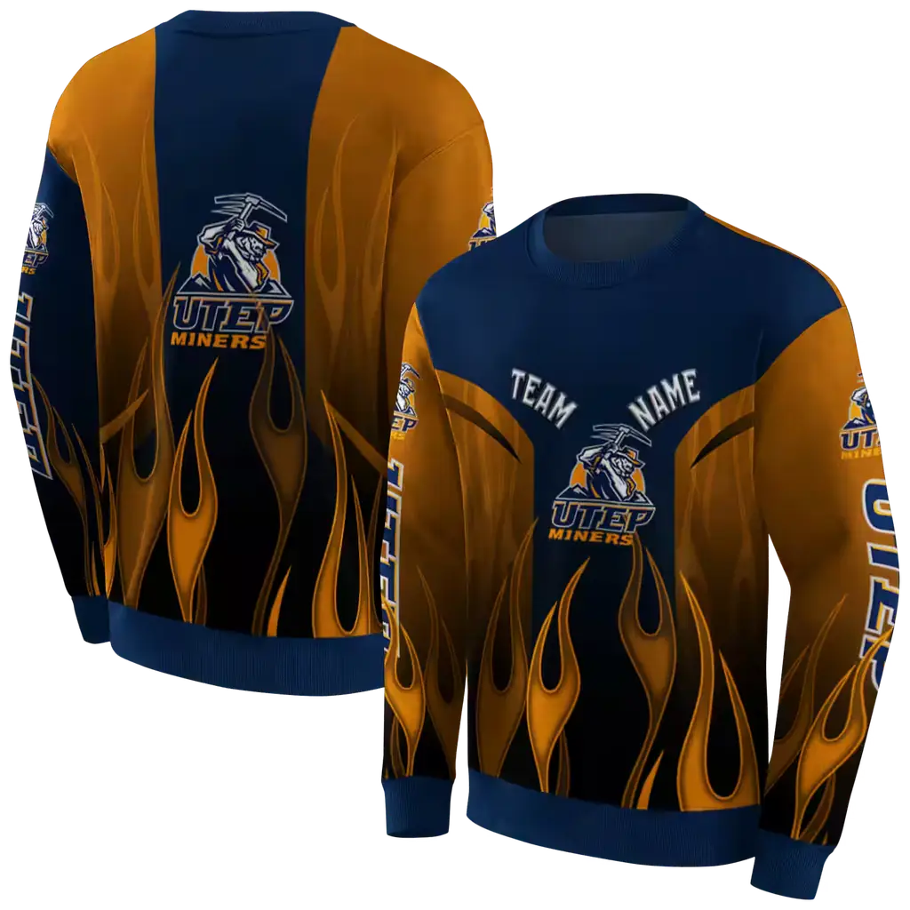 custom utep miners flame design blue hoodie premium grade custom utep miners flame design blue hoodie premium grade