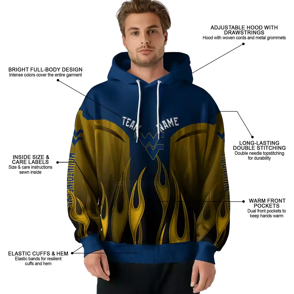 custom west virginia mountaineers flame design blue hoodie latest model custom west virginia mountaineers flame design blue hoodie latest model
