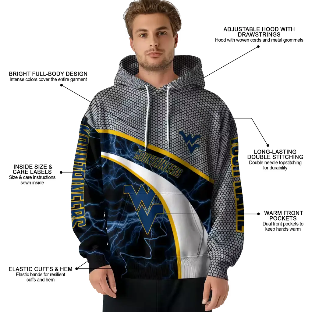 custom west virginia mountaineers hexagonal mesh blue black gray hoodie latest model custom west virginia mountaineers hexagonal mesh blue black gray hoodie latest model