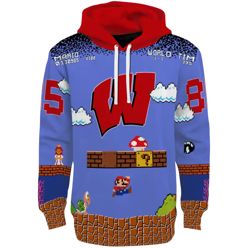 custom wisconsin badgers mario blue black hoodie best selling custom wisconsin badgers mario blue black hoodie best selling