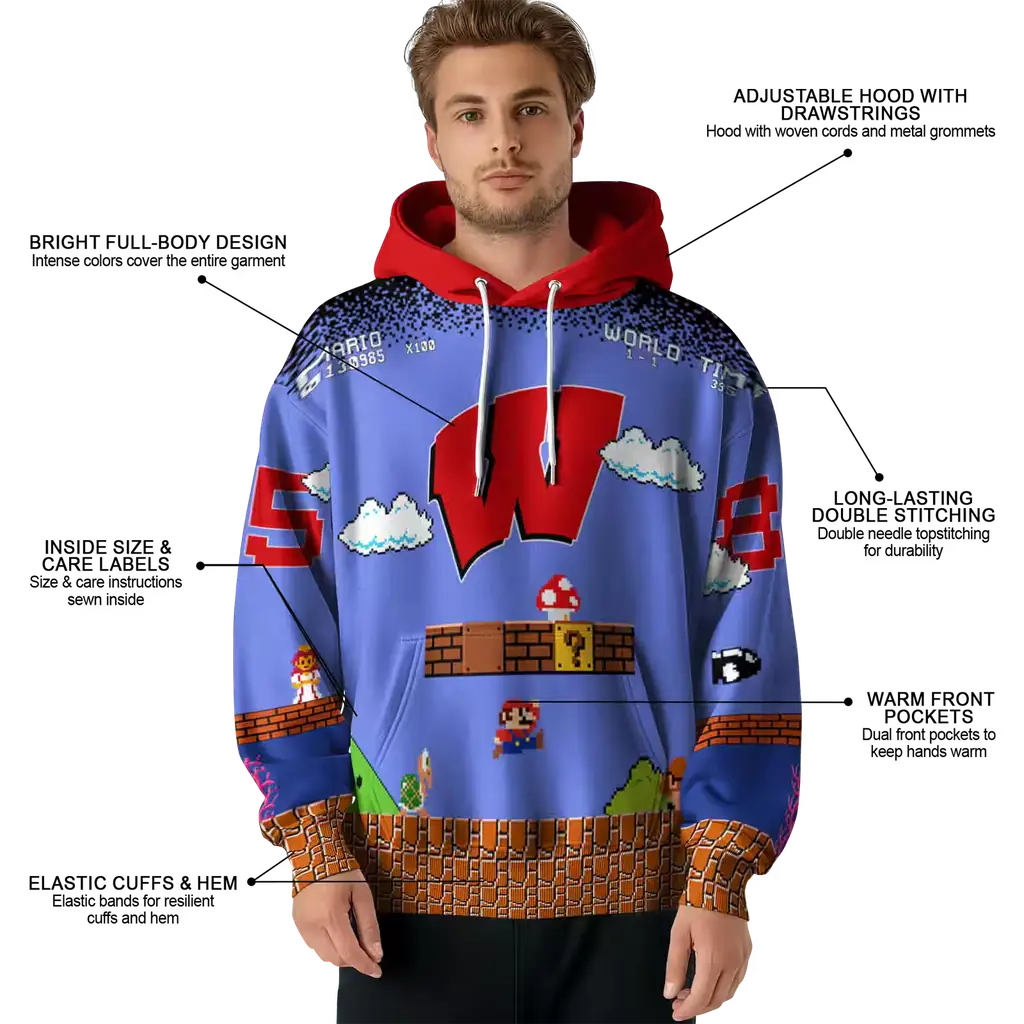 custom wisconsin badgers mario blue black hoodie latest model custom wisconsin badgers mario blue black hoodie latest model