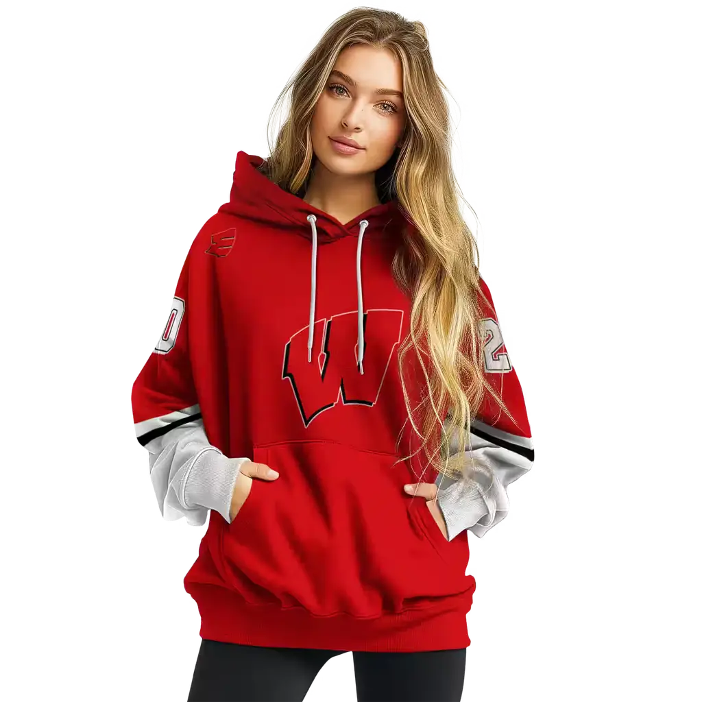 custom wisconsin badgers striped sleeves red hoodie high quality custom wisconsin badgers striped sleeves red hoodie high quality