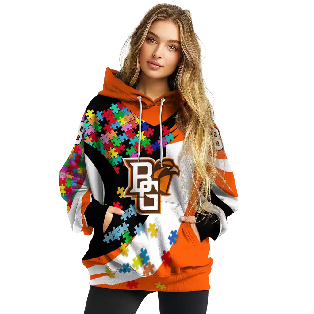 customized bowling green falcons puzzle pieces orange hoodie high quality customized bowling green falcons puzzle pieces orange hoodie high quality