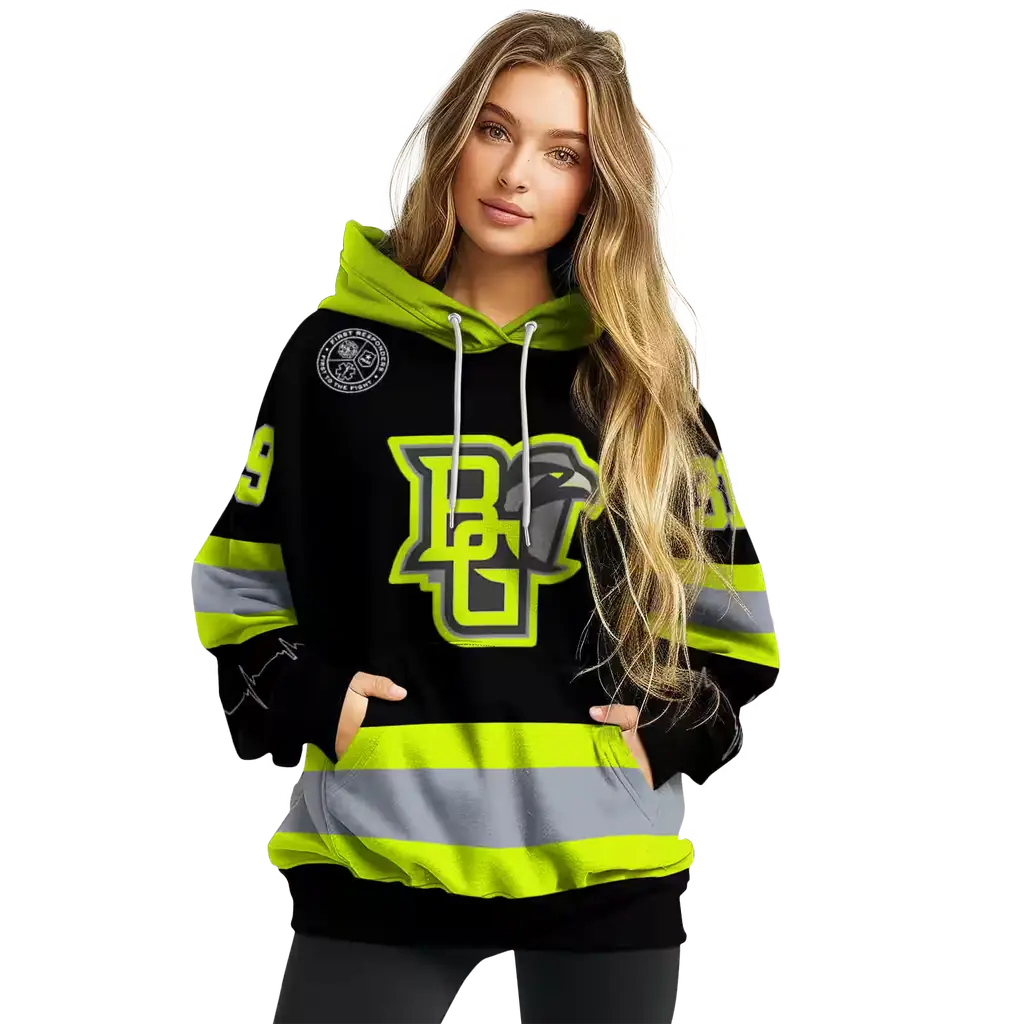 customized bowling green falcons safety motif black neon green hoodie high quality customized bowling green falcons safety motif black neon green hoodie high quality