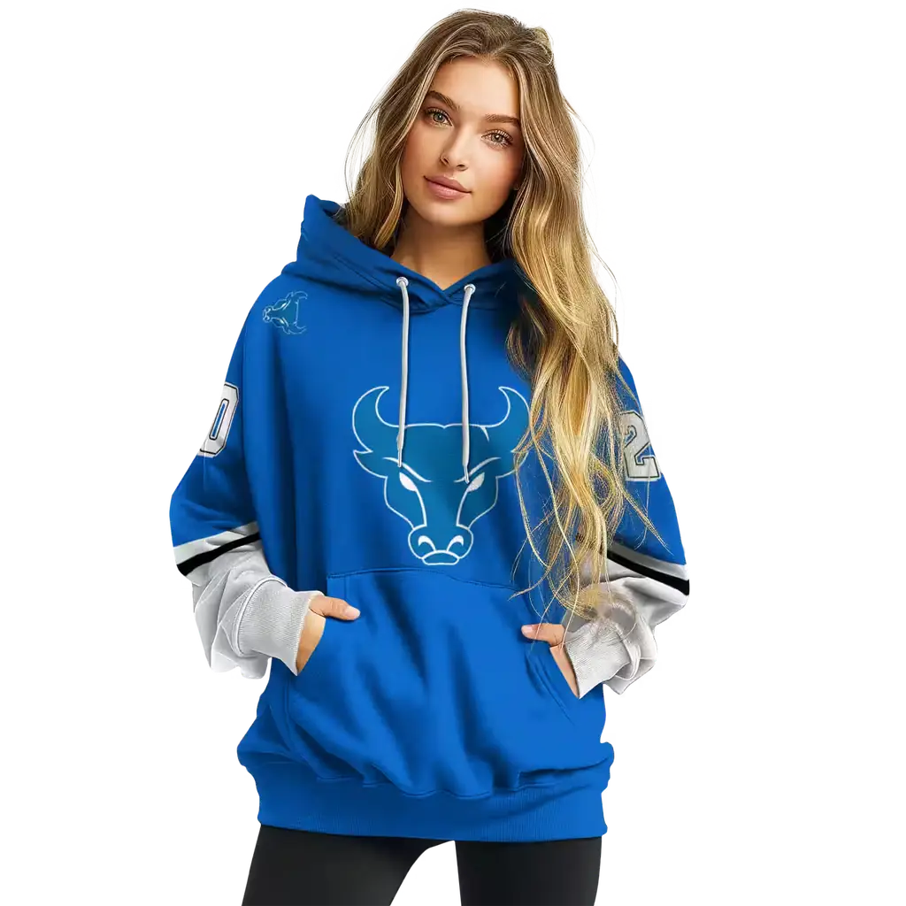 customized buffalo bulls striped sleeves royal blue hoodie high quality customized buffalo bulls striped sleeves royal blue hoodie high quality