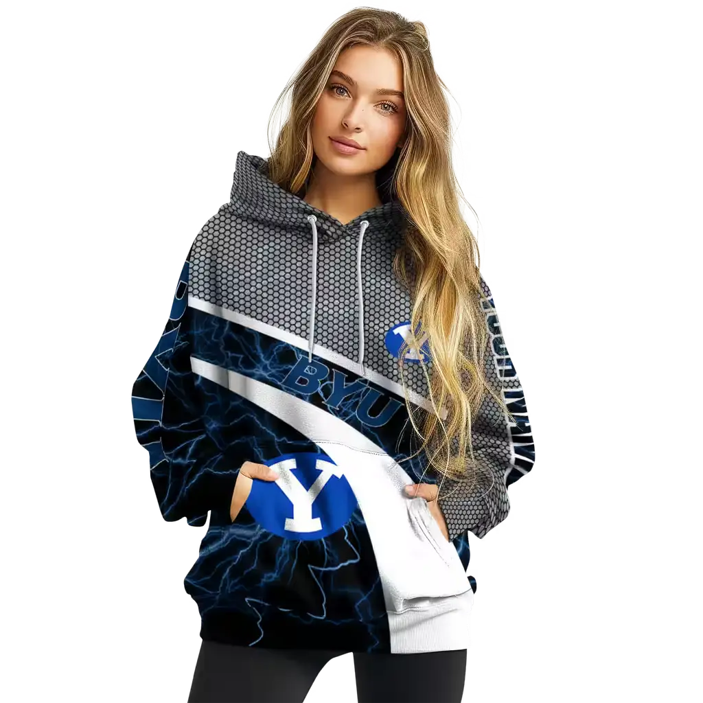 customized byu cougars hexagonal mesh blue black gray hoodie high quality customized byu cougars hexagonal mesh blue black gray hoodie high quality