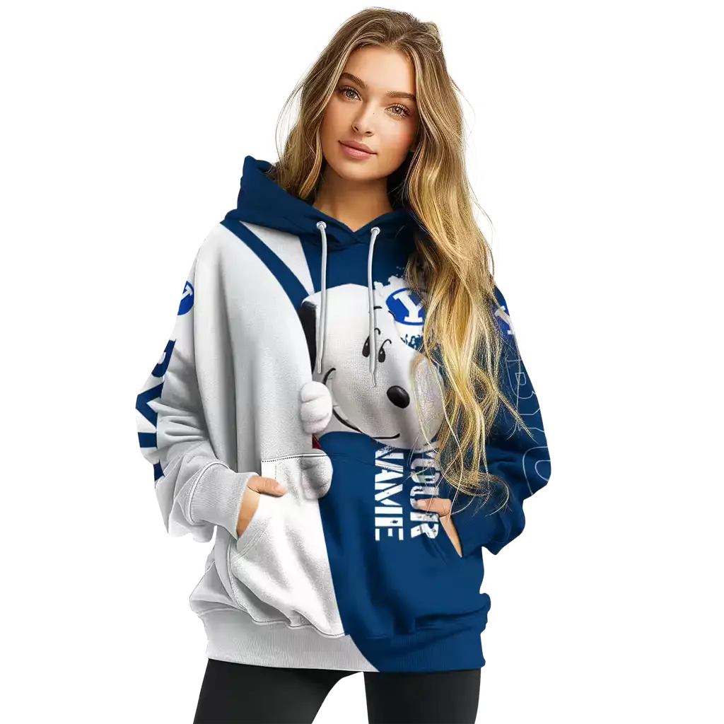 customized byu cougars peeking snoopy blue hoodie high quality customized byu cougars peeking snoopy blue hoodie high quality