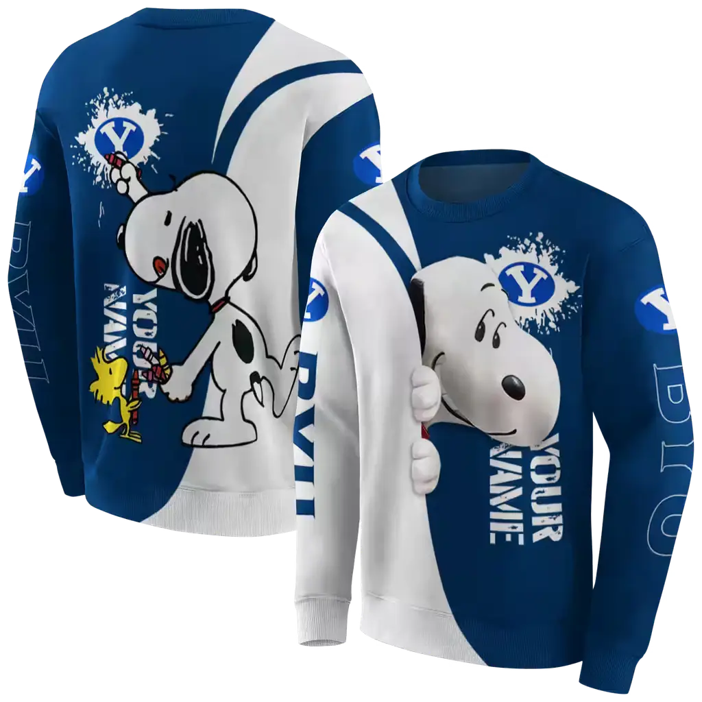 customized byu cougars peeking snoopy blue hoodie premium grade customized byu cougars peeking snoopy blue hoodie premium grade