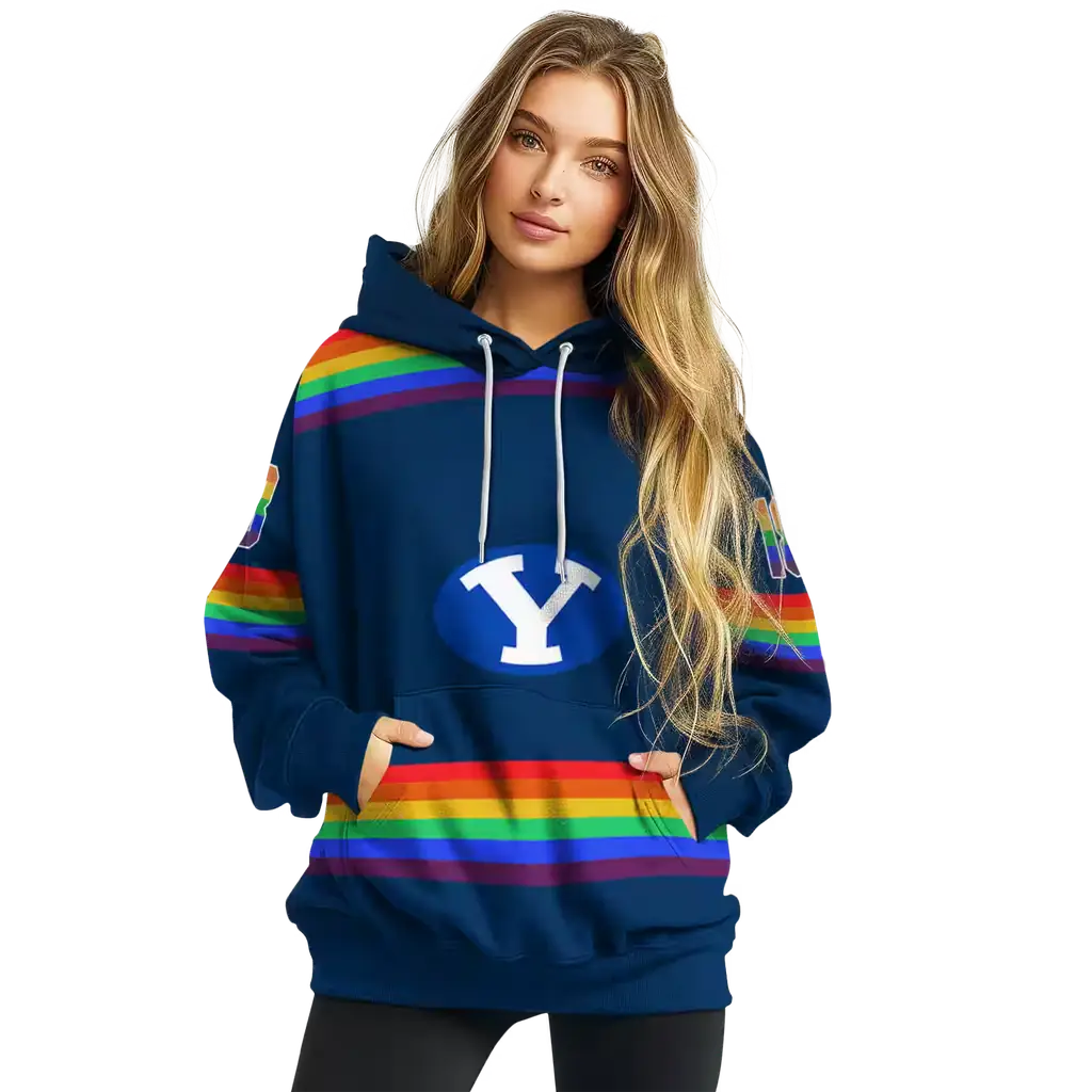 customized byu cougars rainbow stripes blue hoodie high quality customized byu cougars rainbow stripes blue hoodie high quality