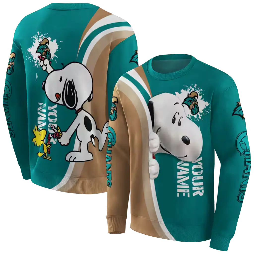customized coastal carolina chanticleers peeking snoopy green hoodie premium grade customized coastal carolina chanticleers peeking snoopy green hoodie premium grade