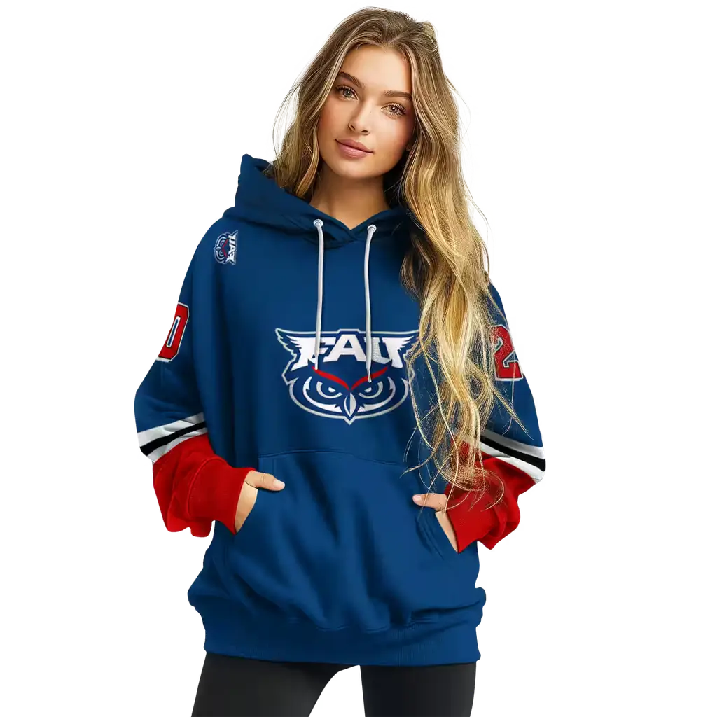 customized florida atlantic owls striped sleeves blue hoodie high quality customized florida atlantic owls striped sleeves blue hoodie high quality