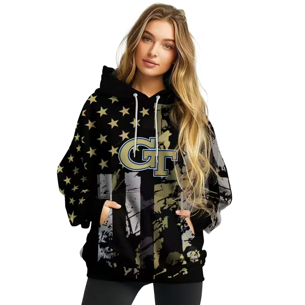 customized georgia tech yellow jackets distressed flag gold black hoodie high quality customized georgia tech yellow jackets distressed flag gold black hoodie high quality