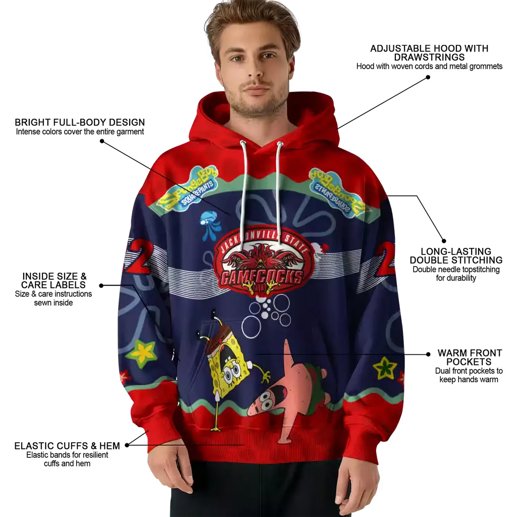 customized jacksonville state gamecocks spongebob patrick star red navy hoodie latest model customized jacksonville state gamecocks spongebob patrick star red navy hoodie latest model