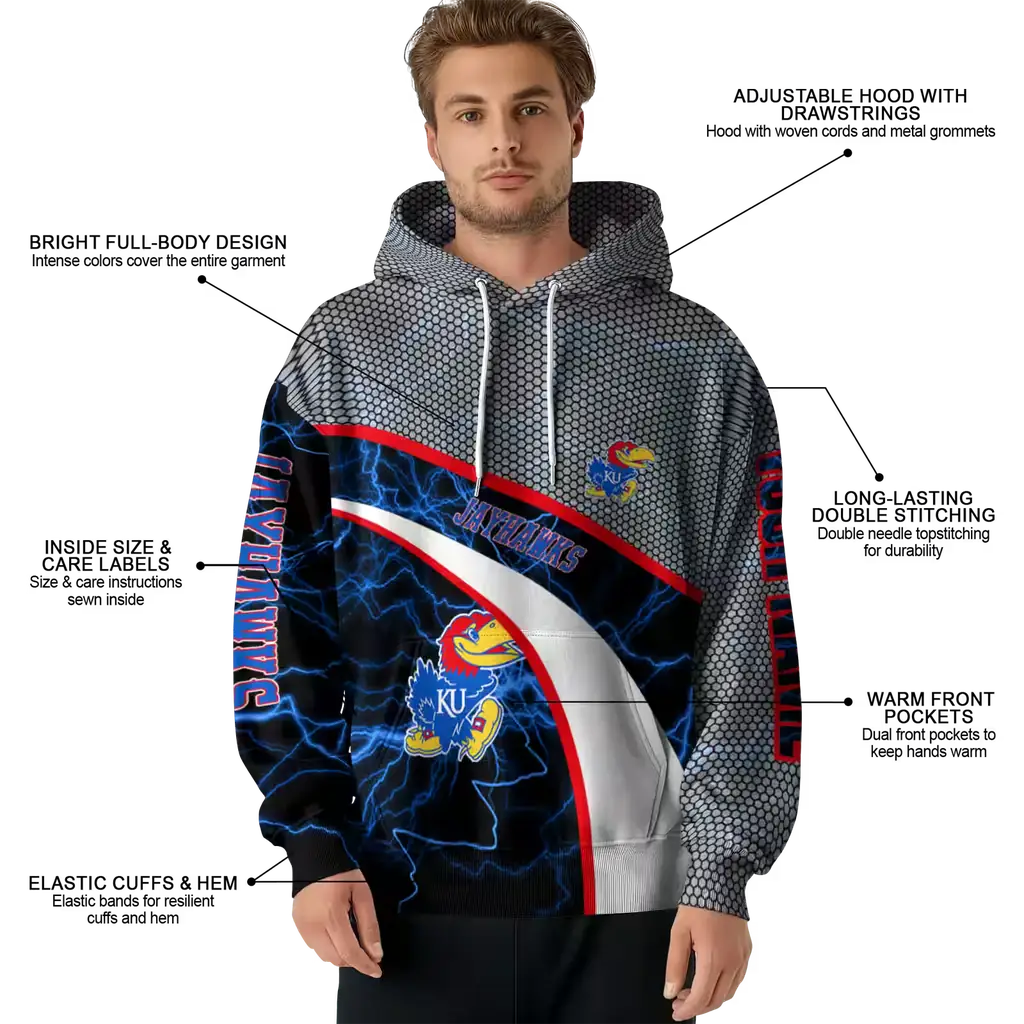 customized kansas jayhawks hexagonal mesh blue black gray hoodie latest model customized kansas jayhawks hexagonal mesh blue black gray hoodie latest model