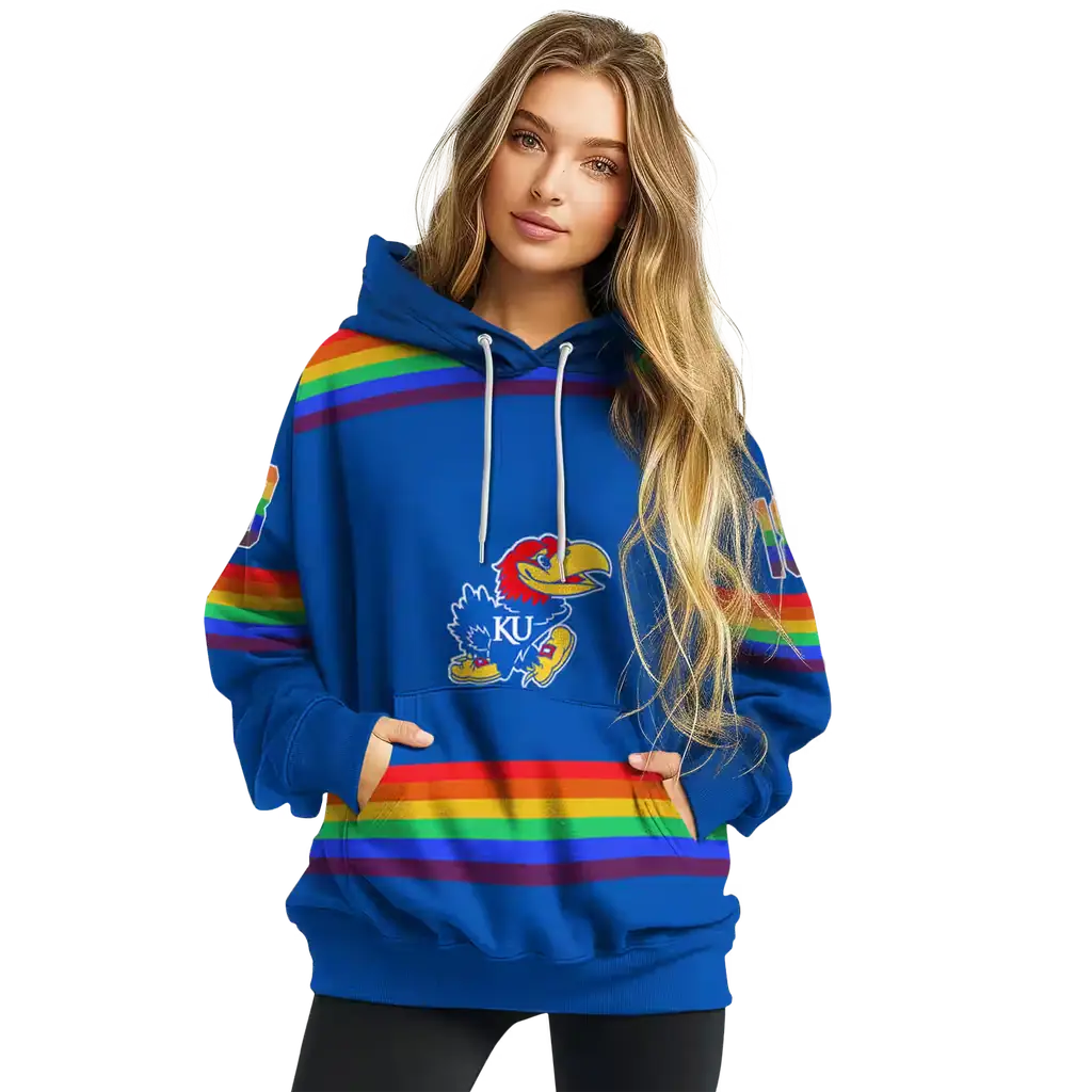 customized kansas jayhawks rainbow stripes blue hoodie high quality customized kansas jayhawks rainbow stripes blue hoodie high quality