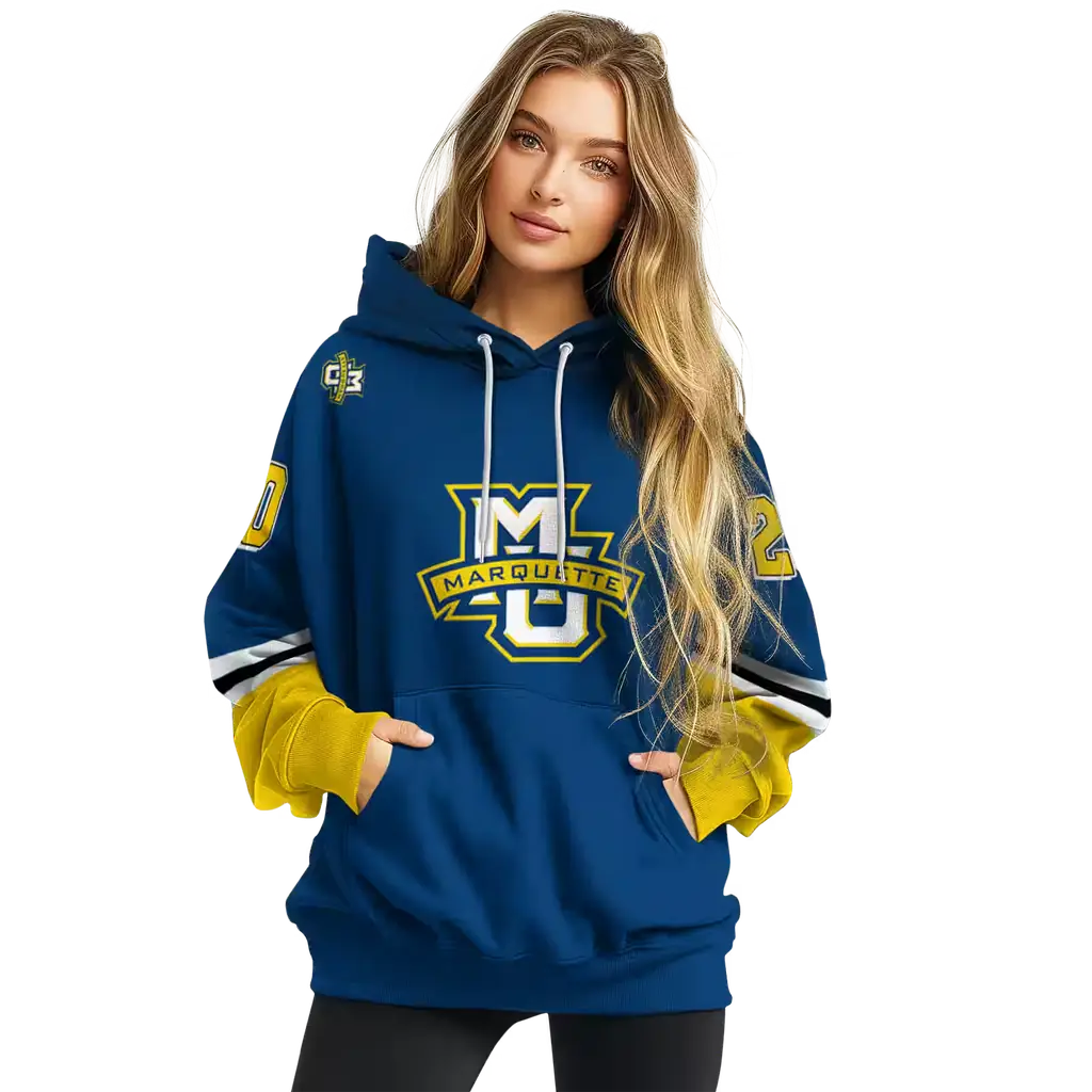 customized marquette golden eagles striped sleeves blue hoodie high quality customized marquette golden eagles striped sleeves blue hoodie high quality