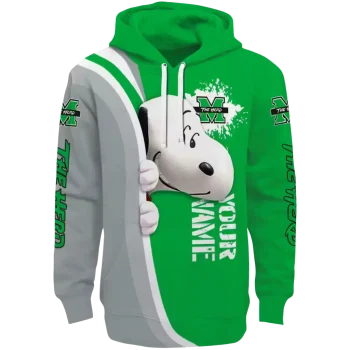 customized marshall thundering herd peeking snoopy green hoodie best selling