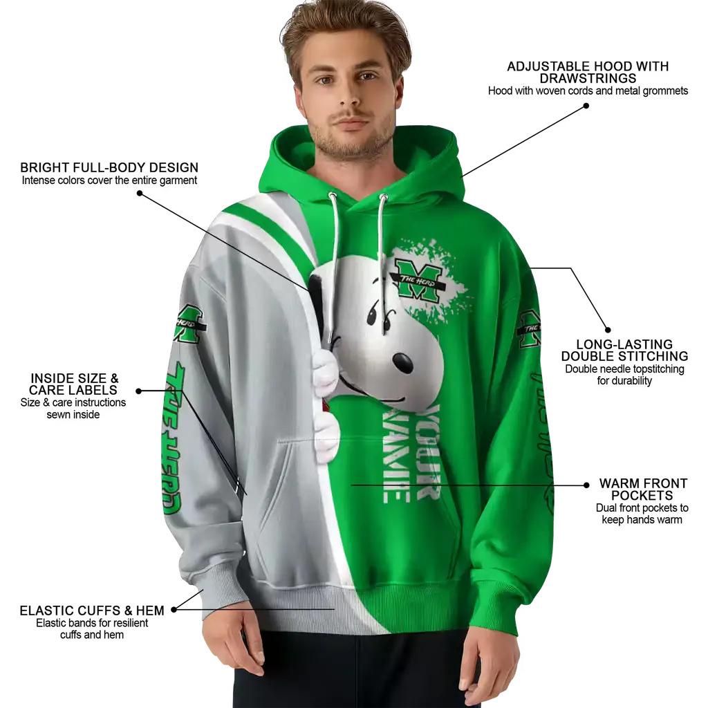 customized marshall thundering herd peeking snoopy green hoodie latest model customized marshall thundering herd peeking snoopy green hoodie latest model