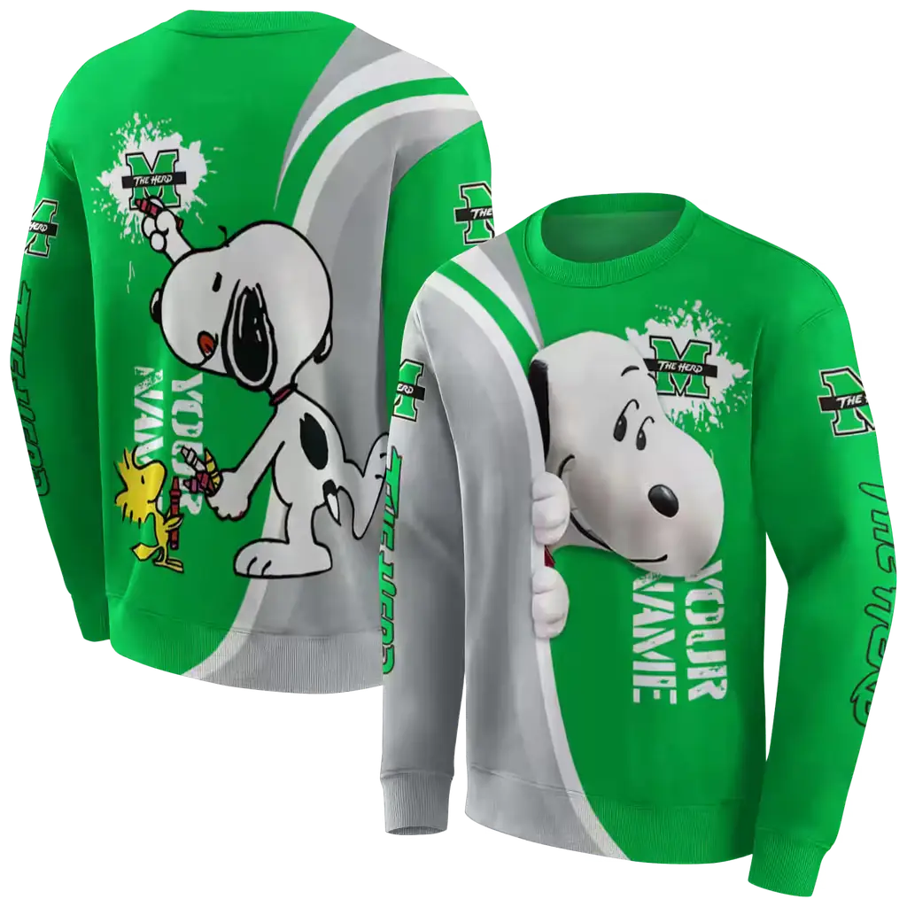 customized marshall thundering herd peeking snoopy green hoodie premium grade customized marshall thundering herd peeking snoopy green hoodie premium grade