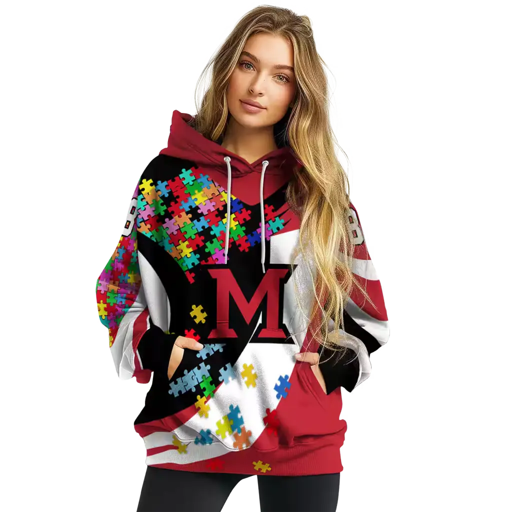 customized miami redhawks puzzle pieces red hoodie high quality customized miami redhawks puzzle pieces red hoodie high quality