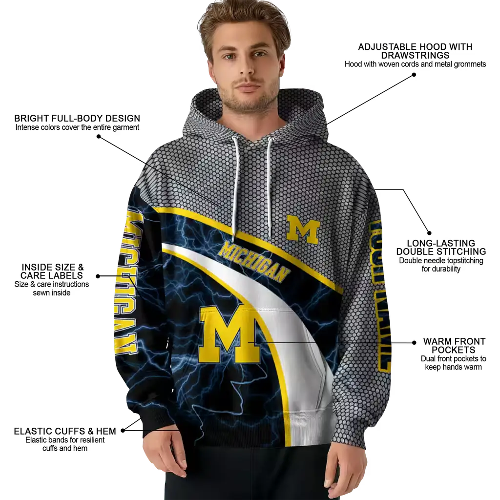 customized michigan wolverines hexagonal mesh blue black gray hoodie latest model customized michigan wolverines hexagonal mesh blue black gray hoodie latest model