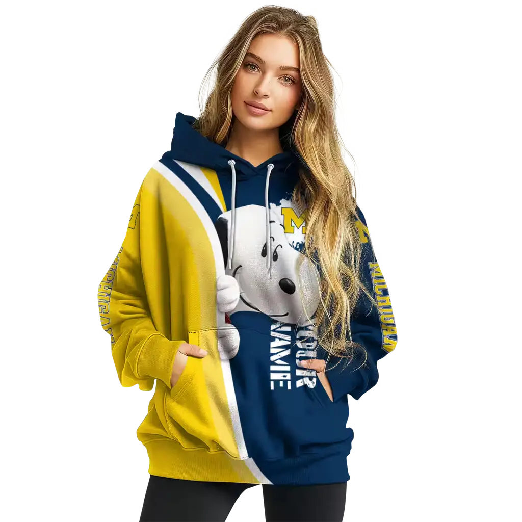 customized michigan wolverines peeking snoopy blue hoodie high quality customized michigan wolverines peeking snoopy blue hoodie high quality