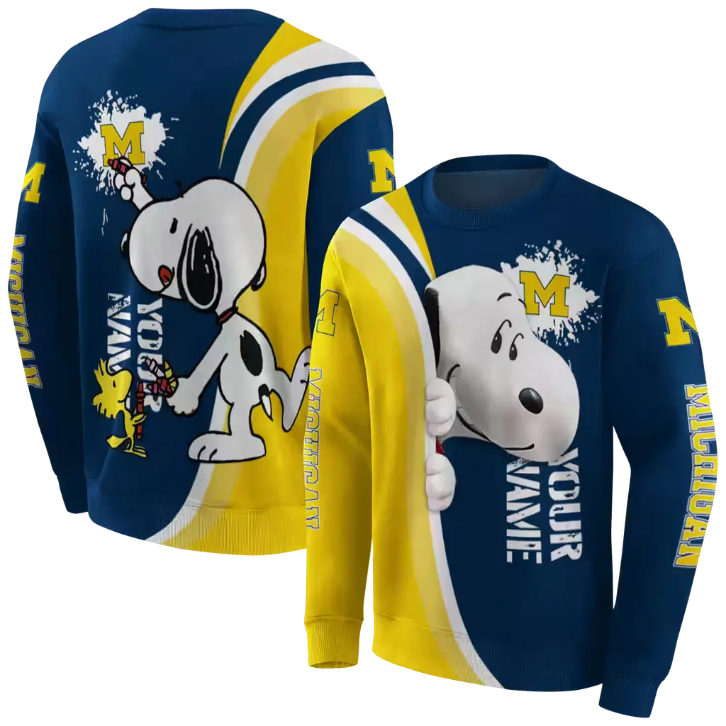customized michigan wolverines peeking snoopy blue hoodie premium grade customized michigan wolverines peeking snoopy blue hoodie premium grade