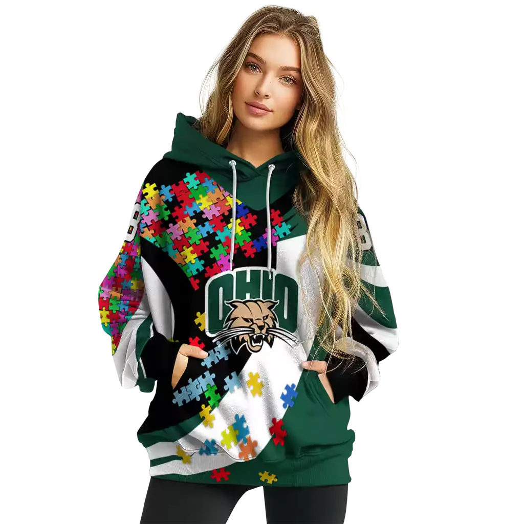 customized ohio bobcats puzzle pieces green hoodie high quality customized ohio bobcats puzzle pieces green hoodie high quality