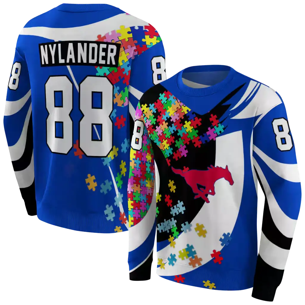 customized smu mustangs puzzle pieces blue hoodie premium grade customized smu mustangs puzzle pieces blue hoodie premium grade