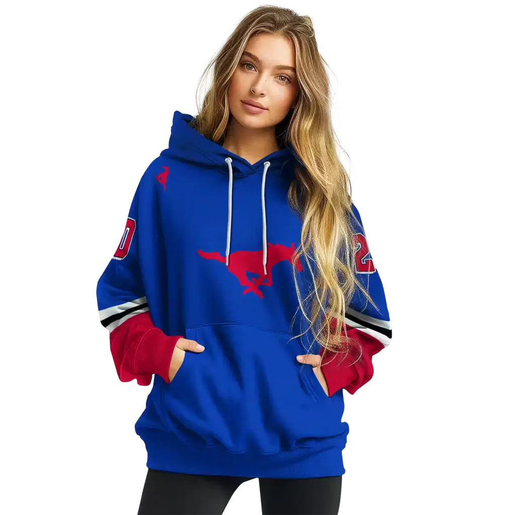 customized smu mustangs striped sleeves blue hoodie high quality customized smu mustangs striped sleeves blue hoodie high quality