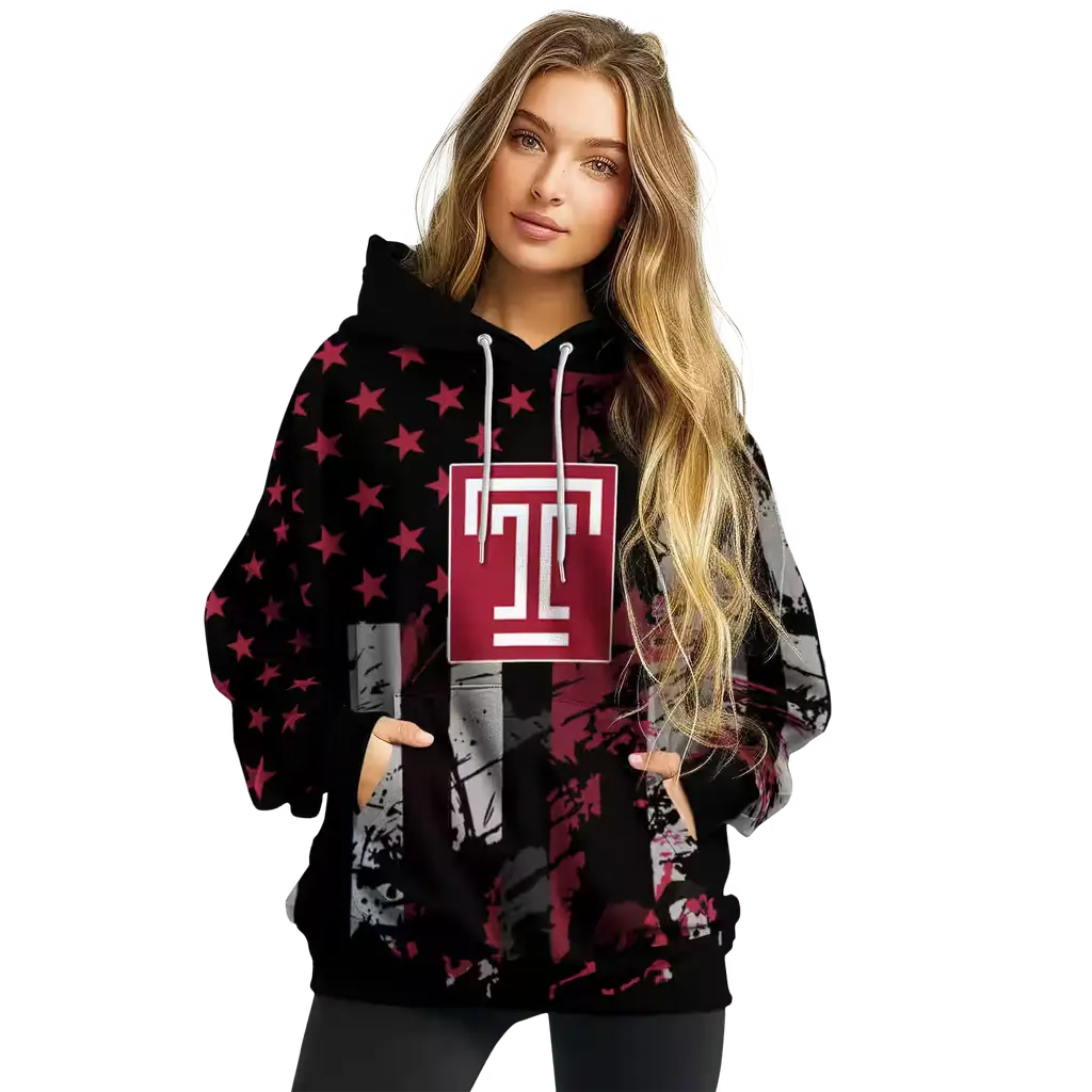 customized temple owls distressed flag red black hoodie high quality customized temple owls distressed flag red black hoodie high quality
