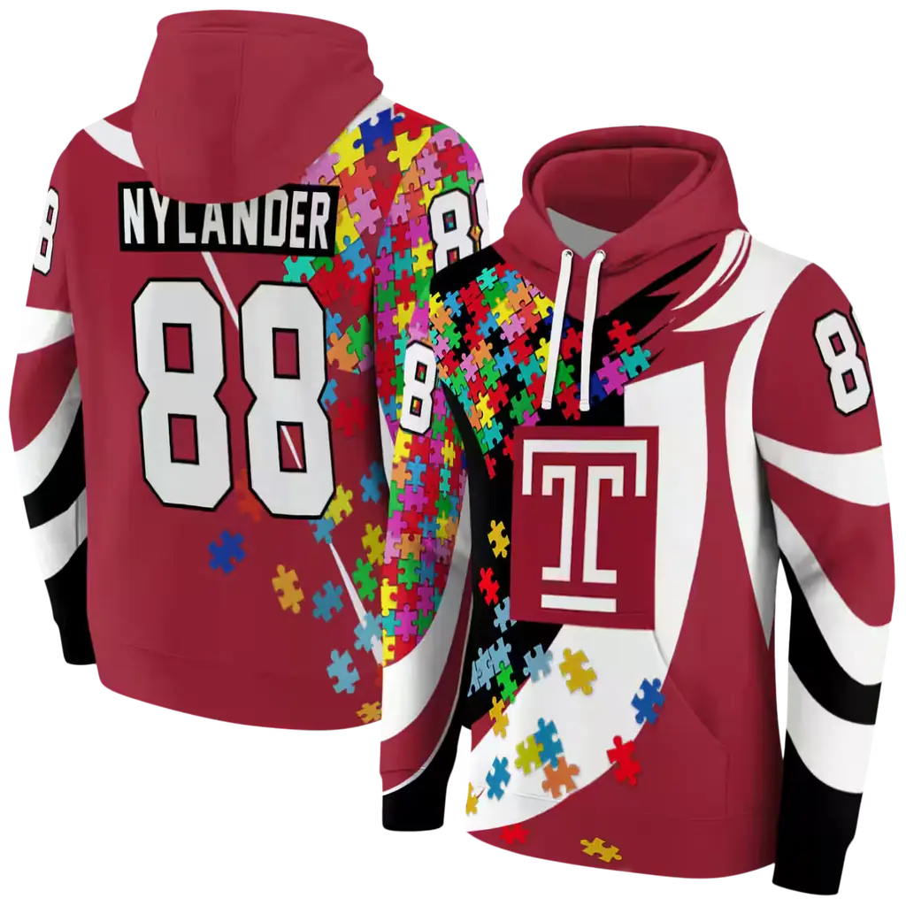 customized temple owls puzzle pieces red hoodie fashion forward customized temple owls puzzle pieces red hoodie fashion forward