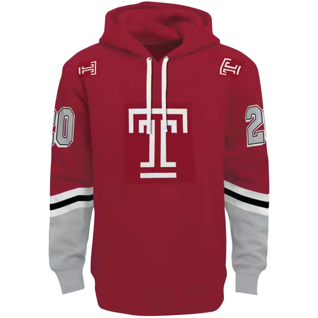 customized temple owls striped sleeves red hoodie best selling customized temple owls striped sleeves red hoodie best selling