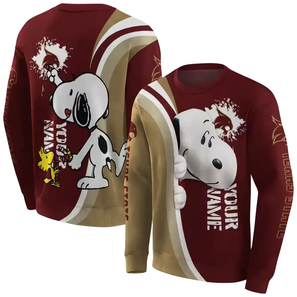 customized texas state bobcats peeking snoopy maroon hoodie premium grade customized texas state bobcats peeking snoopy maroon hoodie premium grade