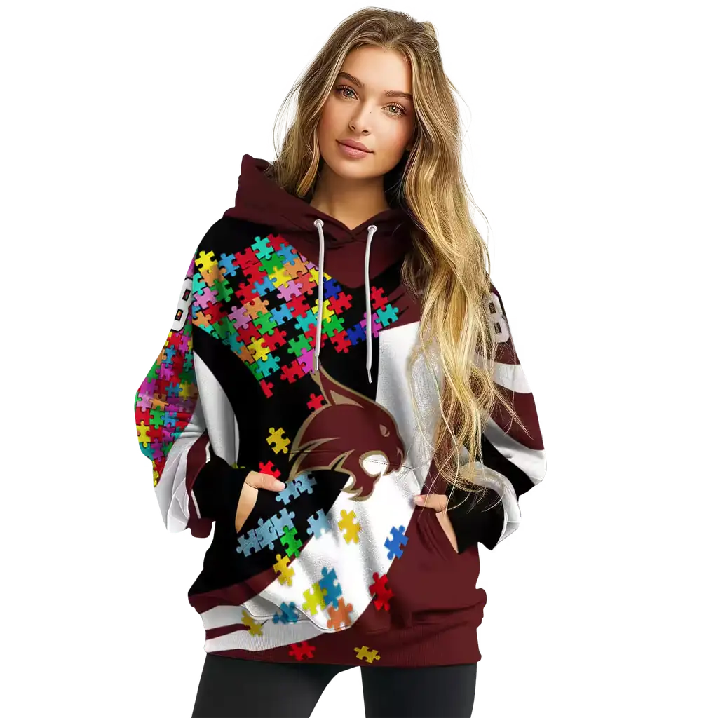 customized texas state bobcats puzzle pieces maroon hoodie high quality customized texas state bobcats puzzle pieces maroon hoodie high quality