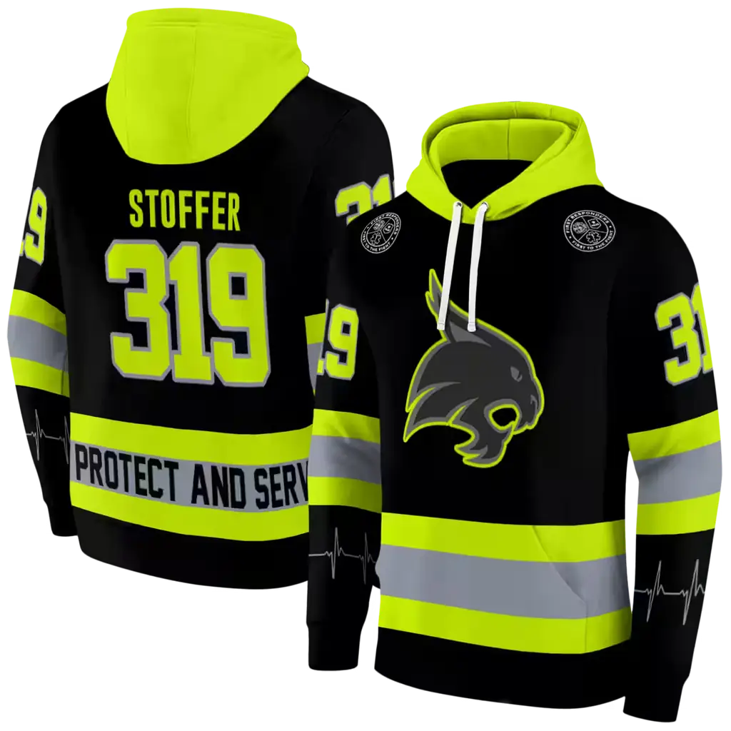 customized texas state bobcats safety motif black neon green hoodie fashion forward customized texas state bobcats safety motif black neon green hoodie fashion forward