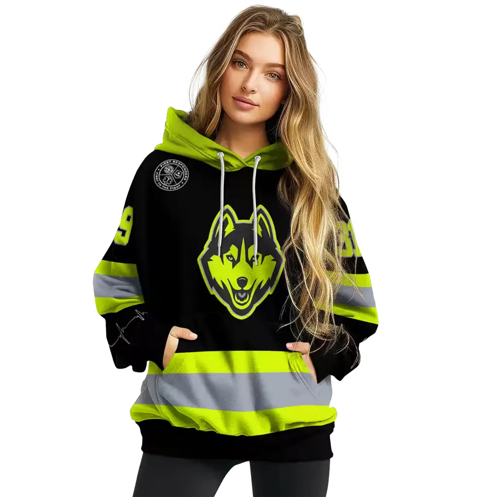 customized uconn huskies safety motif black neon green hoodie high quality customized uconn huskies safety motif black neon green hoodie high quality