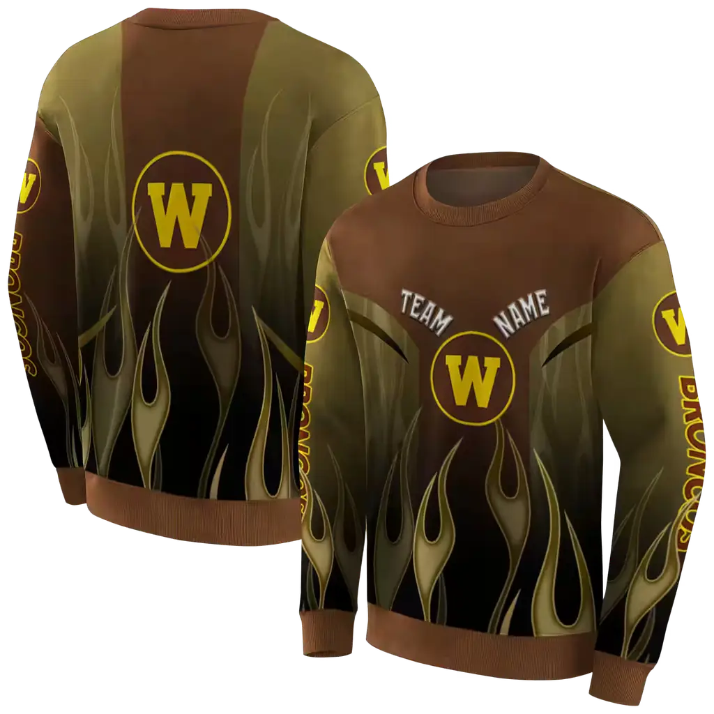 customized western michigan broncos flame design brown hoodie premium grade customized western michigan broncos flame design brown hoodie premium grade