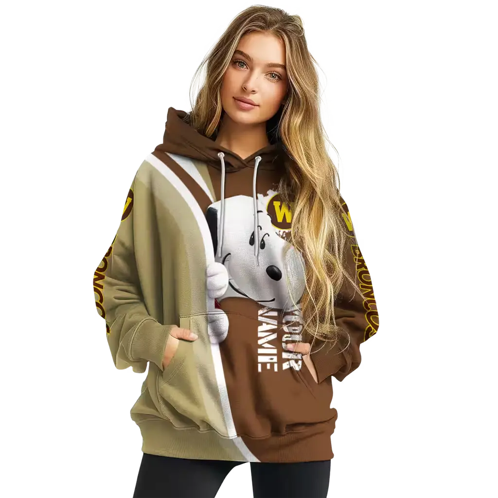 customized western michigan broncos peeking snoopy brown hoodie high quality customized western michigan broncos peeking snoopy brown hoodie high quality