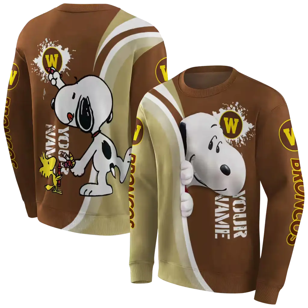 customized western michigan broncos peeking snoopy brown hoodie premium grade customized western michigan broncos peeking snoopy brown hoodie premium grade