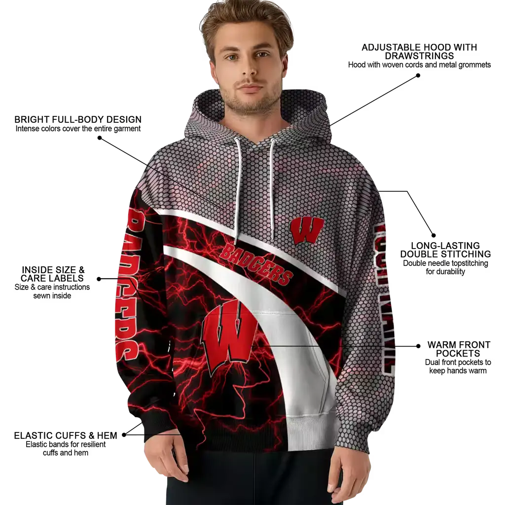 customized wisconsin badgers hexagonal mesh red black gray hoodie latest model customized wisconsin badgers hexagonal mesh red black gray hoodie latest model