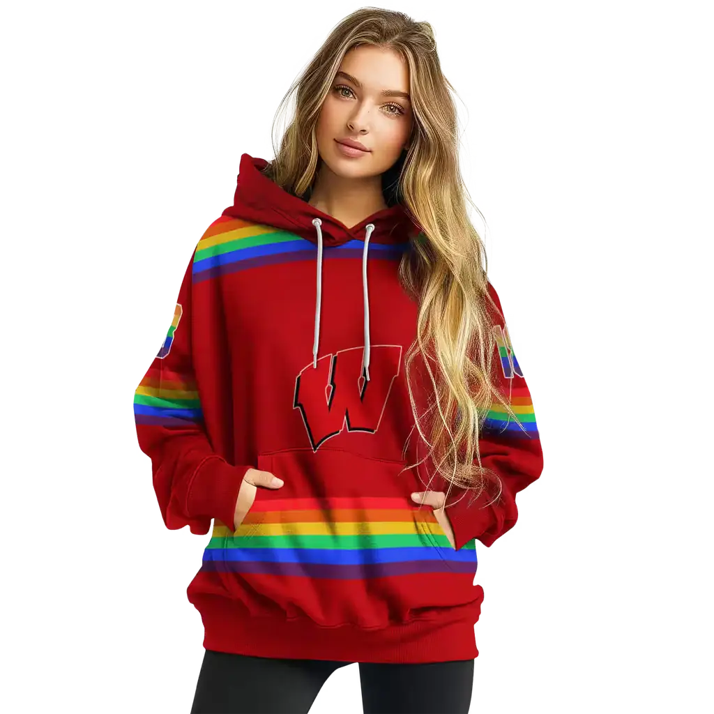 customized wisconsin badgers rainbow stripes red hoodie high quality customized wisconsin badgers rainbow stripes red hoodie high quality