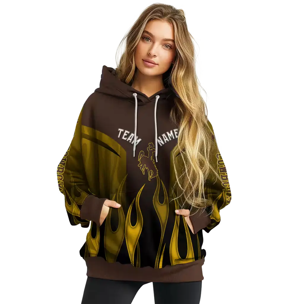 customized wyoming cowboys flame design brown hoodie high quality customized wyoming cowboys flame design brown hoodie high quality