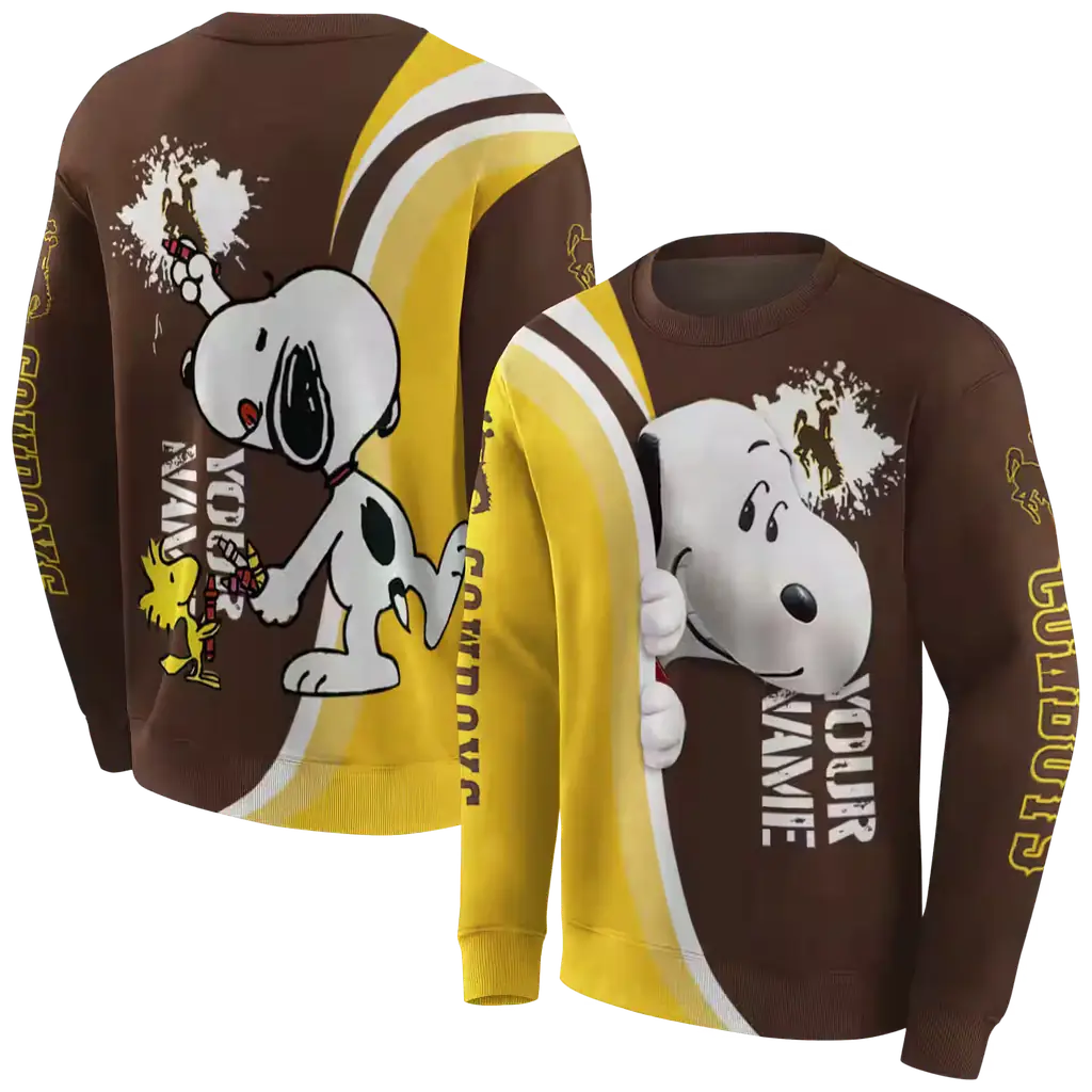 customized wyoming cowboys peeking snoopy brown hoodie premium grade customized wyoming cowboys peeking snoopy brown hoodie premium grade