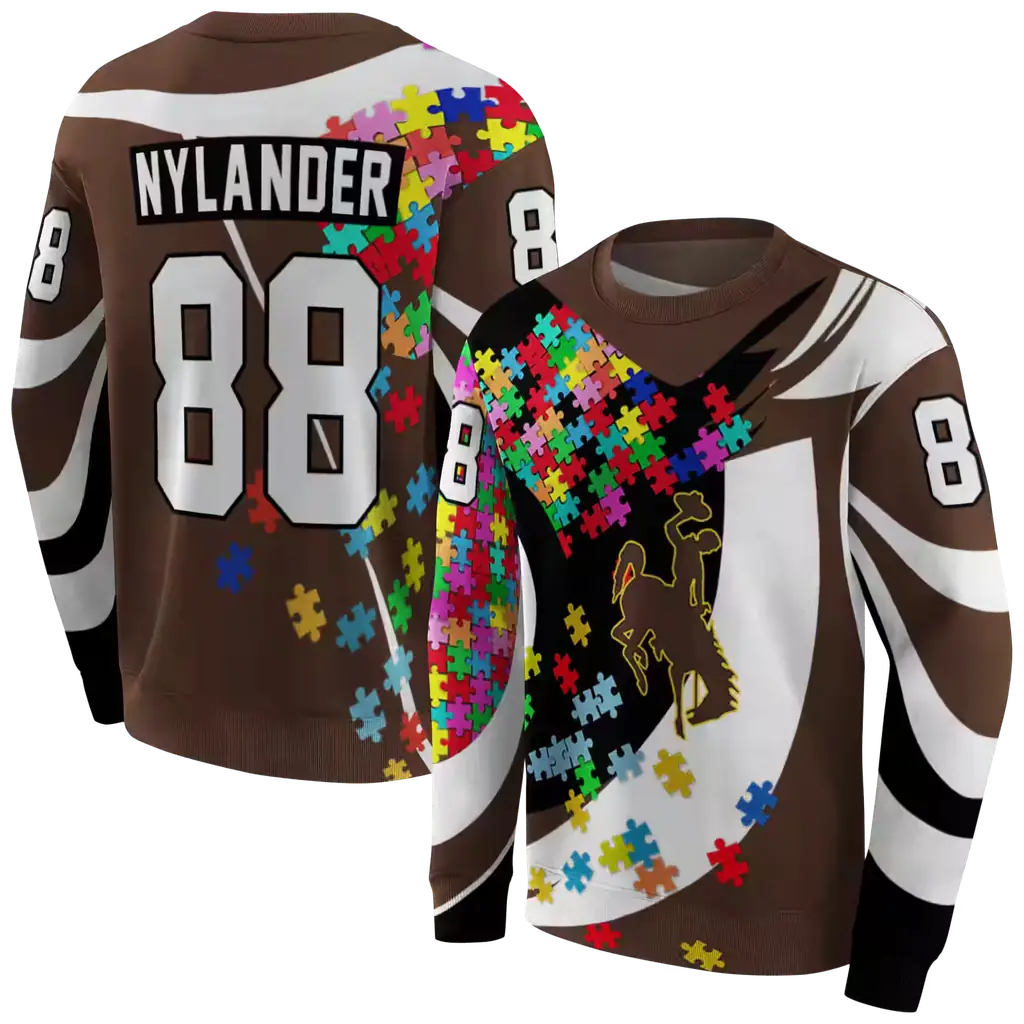 customized wyoming cowboys puzzle pieces brown hoodie premium grade customized wyoming cowboys puzzle pieces brown hoodie premium grade