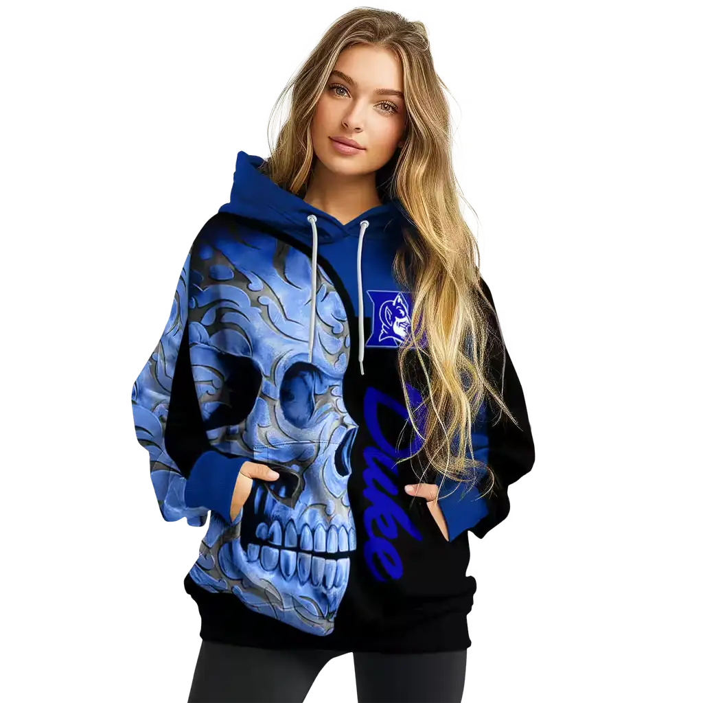 duke blue devils skull motif blue black hoodie high quality duke blue devils skull motif blue black hoodie high quality