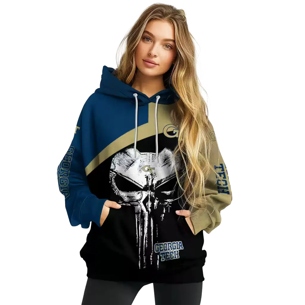 georgia tech yellow jackets skull punisher blue black hoodie high quality georgia tech yellow jackets skull punisher blue black hoodie high quality